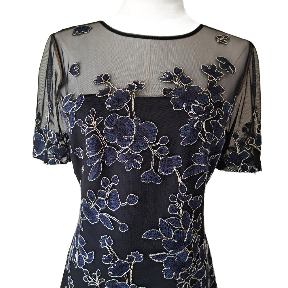 TADASHI SHOJI Cardea Embroidered Floral Tulle Cocktail Dress Size 6 Navy Gold - Picture 3 of 14